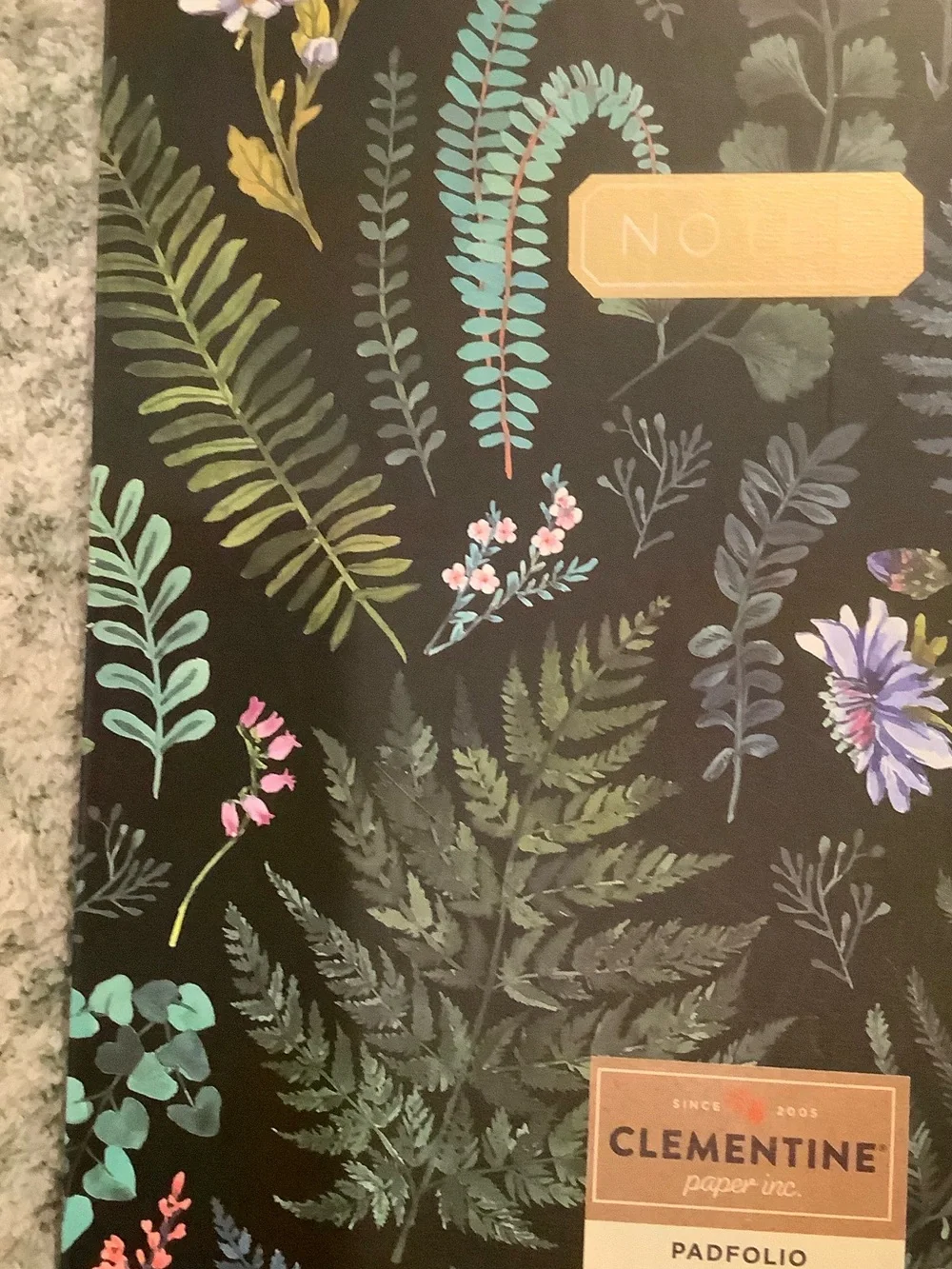 Clementine Paper Co Floral Notes Padfolio Black w Green Botanical Accents NWT